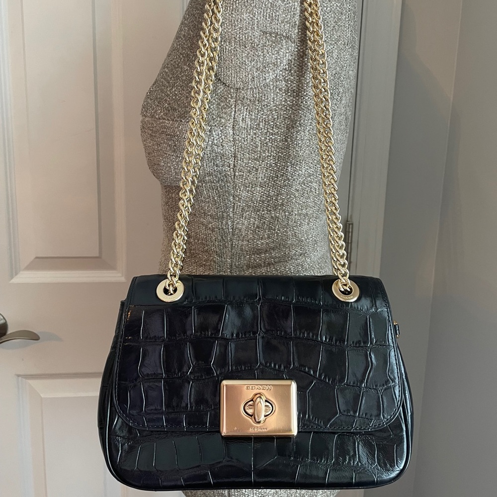 Coach Cassidy Croco-Embossed Black Leather Bag